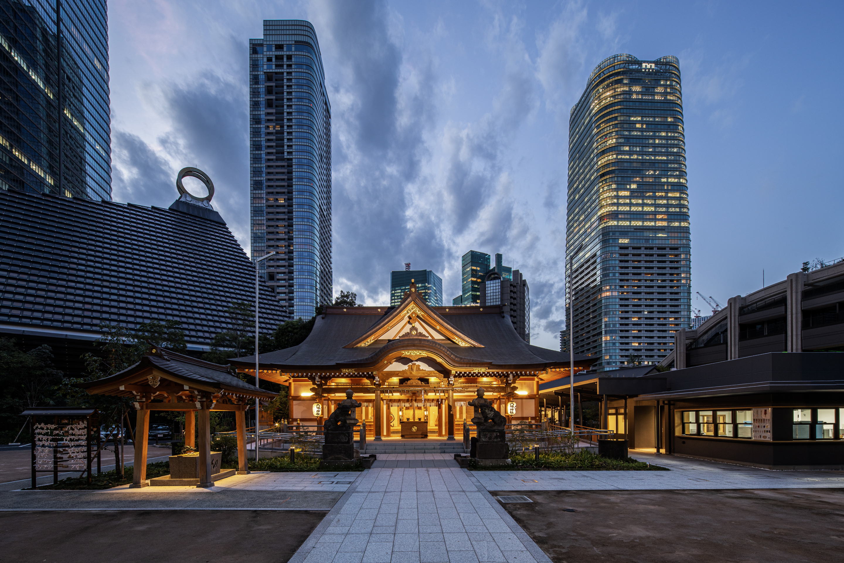 The shrine and its grounds illuminated at dusk