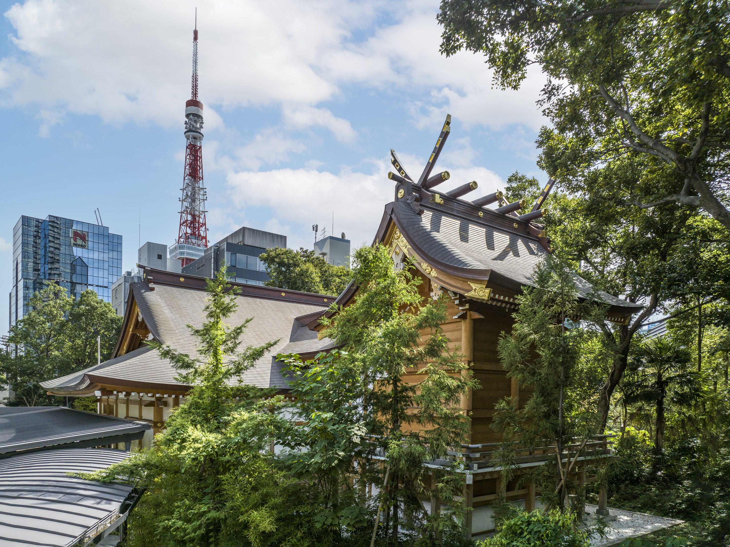 The shrine amid greenery, with Tokyo Tower beyond
